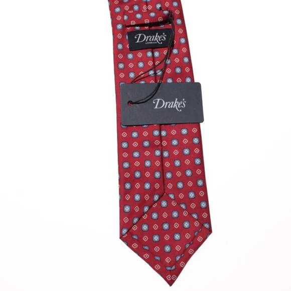 Drake's NWT Neck Tie in Red with Light Blue & White Geometric Pattern 100% Silk